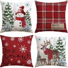 4Pcs Christmas Throw Pillow Covers, Snowman Reindeer Red Plaid Snowflake Pattern Decorative Cushion Cases For Sofa Couch Holiday Home Decor, Single Sided Print, Pillow Inserts Not Included - Red - View 9