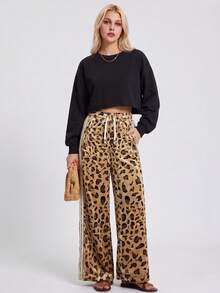 KyrLssu Women Leopard Print Velvet Wide Leg Pants Elastic Waist Drawstring Side Stripe Loose Trousers - Yellow - View 2