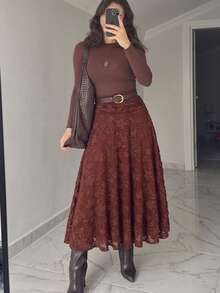 優雅通勤純色鏤空設計半身裙 - 紅色 - 查看 2