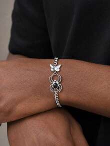 1pc Vintage Stainless Steel Natural Black Agate Spider Butterfly Bracelet For Men, Chain Style Gothic Jewelry - Silver - View 1