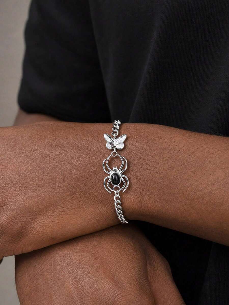1pc Vintage Stainless Steel Natural Black Agate Spider Butterfly Bracelet For Men, Chain Style Gothic Jewelry - Silver - View 1