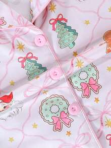 2pcs/Set Christmas Children's Short Sleeve Pajama Set, Flame Retardant Fabric, Cartoon Rhombus Grid Christmas Tree Gingerbread Man Print Pattern, Lapel Short Sleeve Top And Long Pants Set, Wearable All Seasons, Home Wear, Comfortable And Loose, Tween Girl - Baby Pink - View 5