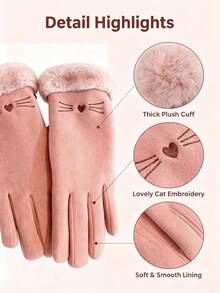 1 Pair Fashionable Women's Soft Suede Warm Gloves, Touchscreen Compatible, Cute Cat Pattern, Versatile Style, Fleece Lining, Faux Fur Cuffs, Practical And Stylish Gift Choice - A - View 5