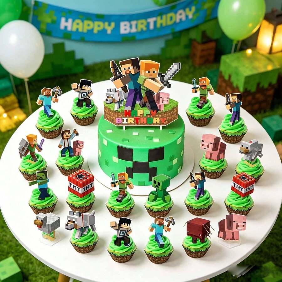 Pixel Game Theme Cake Topper Set, Happy Birthday Cake Decor, Character Cupcake Toppers, Pixel Style Party Cake Decorations For Birthday Party Dessert Table Supplies - View 1