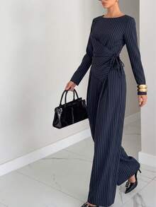Women's Tie Waist Casual Striped Set, Office Professional Loose Minimalist Autumn Striped Two Pieces Outfit - Navy Blue - View 3
