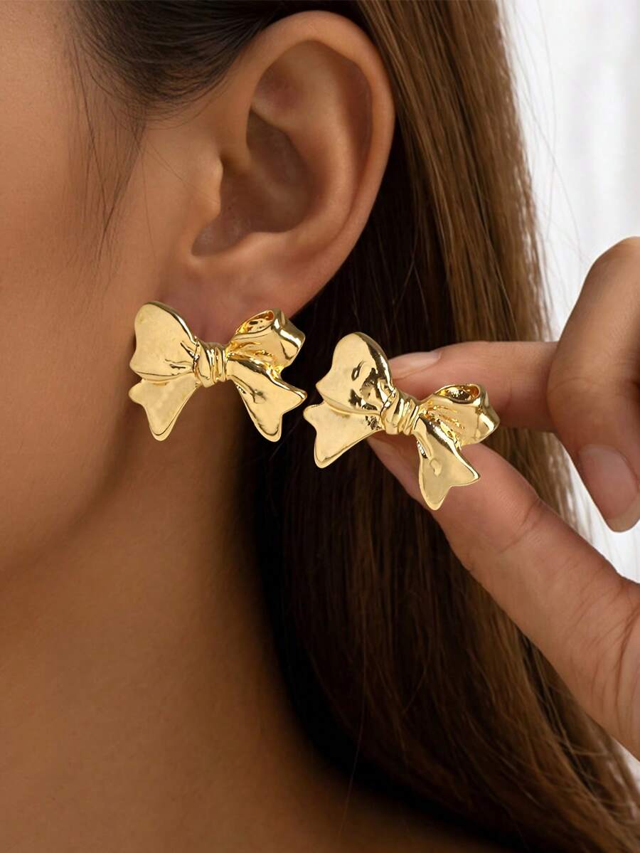Fashionable Gold Bow Earrings For Women, Exquisite Cute Bow Design, Creating A Sweet And Charming Look - Gold - View 1