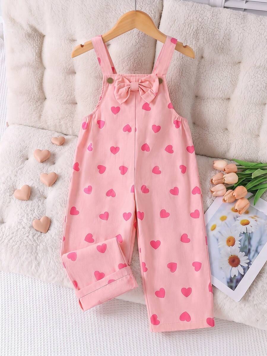 Toddler Girls' Overalls Long Pants, Korean Sweet Style, Casual Outwear, Skin-Friendly, Heart Pattern With Bow Decor, Spring/Autumn