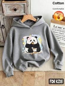 Autumn/Winter 3 Pieces Set Girls' Hooded Fleece Sweatshirt Grey Long Sleeve Cartoon Panda Print Sweet Text Y2K Style - Heather Gray+Heather Gray+Heather Gray - View 3