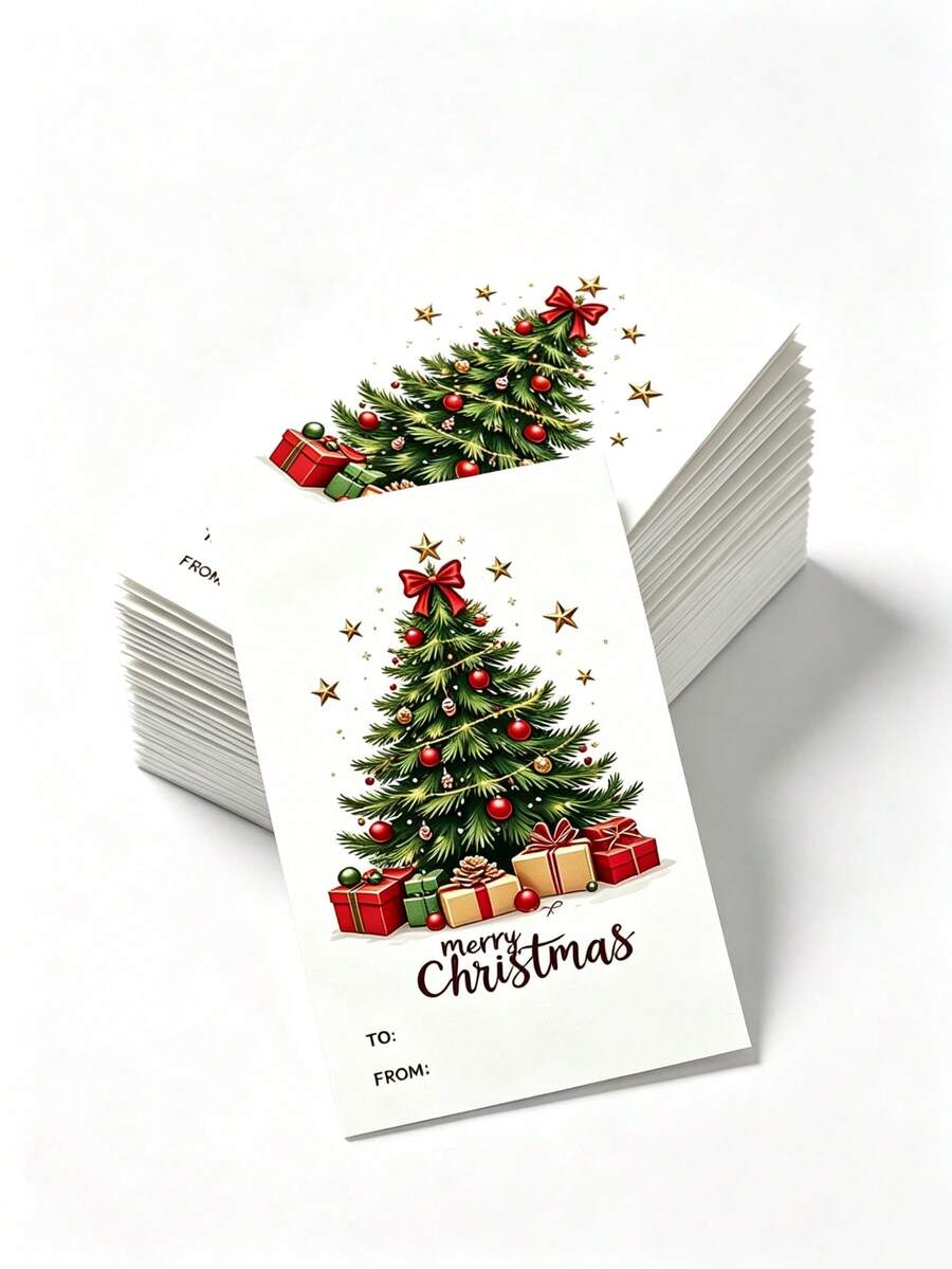 20/50pcs Merry Christmas Greeting Cards, Christmas Tree & Gift Box Design Memo Cards With To/From Blank Space, Holiday Gift Insert Cards, Suitable For Small Business Gift Packaging - Sets - View 1