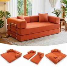 3-Seater Foldable Sofa Bed, 78'' Convertible Sleeper Sofa, Spring Folding Floor Couch With With Pillow Back Support Armrest, 4-In-1 Futon Sofa Bed For Living Room - Orange - View 2