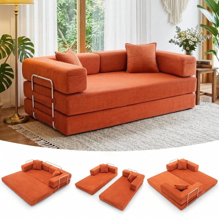 3-Seater Foldable Sofa Bed, 78'' Convertible Sleeper Sofa, Spring Folding Floor Couch With With Pillow Back Support Armrest, 4-In-1 Futon Sofa Bed For Living Room