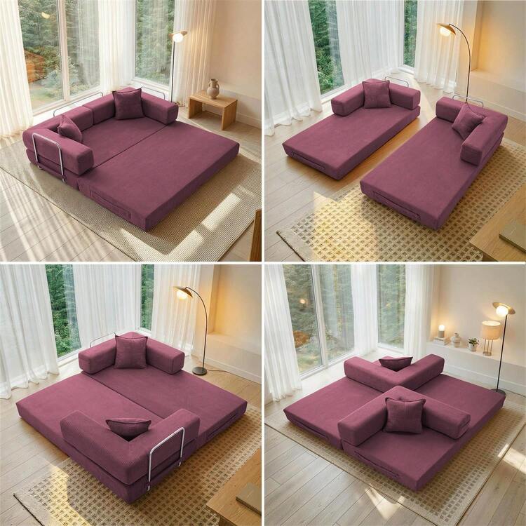 2-Seater Foldable Sofa Bed, 62'' Convertible Sleeper Sofa, Spring Folding Floor Couch With With Pillow Back Support Armrest, 4-In-1 Futon Sofa Bed For Living Room - Burgundy - View 3