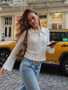 Áo cardigan len dệt kim ngắn nữ VIBEWAVE thiết kế rỗng, phong cách Mỹ xuân/hè, tay loe, cài nút đơn - trắng - Xem 5