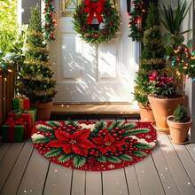 1pc Red Poinsettia & Snowflake Christmas Welcome Mat - Semi-Circular Christmas Door Mat With Green Holly Berry Border, Soft Mat Suitable For Front Door, Porch, Kitchen - Easy To Clean Holiday Decor - A - View 3