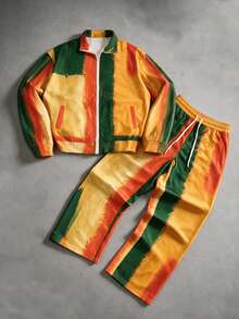 Men's Autumn/Winter 2 Pieces Set, Green Orange Yellow Zipper Hoodie Jacket & Wide Leg Pants - Multicolor - View 4