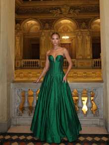 LOVE&LEMONADE Women's Green Sexy Strapless V-Neck Mesh Patchwork Open Back Criss-Cross Tie Back Long Party Evening Gown - Green - View 1