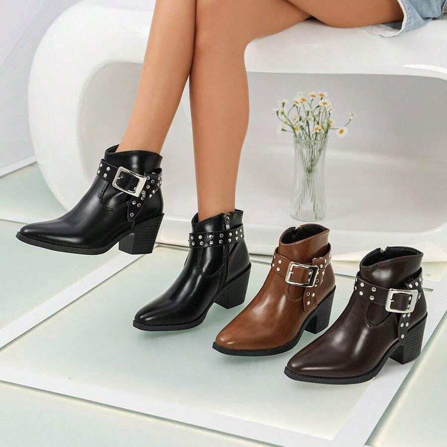 Women's Western Ankle Boots, Pointed Toe Design, Studded Decor, Buckle Detail, Chunky Heel, Boots Style, Punk Style - Brown - View 1