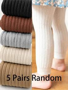 5 Pairs Random Baby & Toddler Solid Color Knitted Leggings, Autumn/Winter High Elasticity Comfortable Slim Fit 9/10 Length Pants, Versatile Warm - Multicolor - View 6