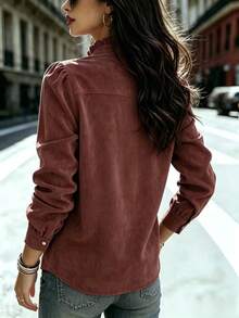 Women's American Street Style Solid Color Faux Suede Long Sleeve Shirt, Ruffle Collar Puff Sleeve Loose Fit Versatile Top With Front Buttons And Pleated Trim, Suitable For Daily And Office Wear - Redwood - View 5