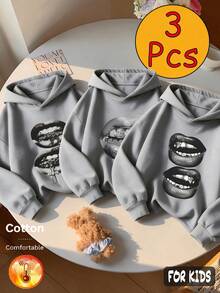 Autumn Winter 3-Piece Set Girls Hooded Fleece Sweatshirt Gray Long Sleeve With Large Lips Print Featuring Teeth Details Y2K - Heather Gray+Heather Gray+Heather Gray - View 5