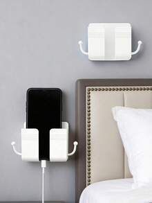 2pcs No-Drill Wall-Mounted Phone Storage Rack, Bedside Wall Phone Charging Holder With Hook And Remote Control Storage Shelf - White - View 4