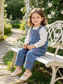 Baby Girls Denim Overalls Long Pants, Sweet Cherry Embroidery, Vintage Casual Daily Wear, Soft Denim Fabric, Loose Straight Leg, Spring & Autumn - Blue - View 3