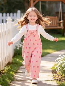 Toddler Girls' Overalls Long Pants, Korean Sweet Style, Casual Outwear, Skin-Friendly, Heart Pattern With Bow Decor, Spring/Autumn - Pink - View 5