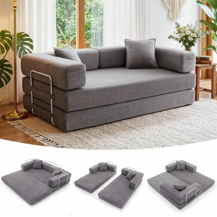 3-Seater Foldable Sofa Bed, 78'' Convertible Sleeper Sofa, Spring Folding Floor Couch With With Pillow Back Support Armrest, 4-In-1 Futon Sofa Bed For Living Room