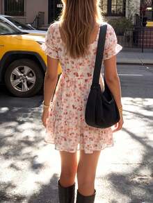 Women's Summer Lightweight White Ditsy Floral Short Dress, Puff Short Sleeve Layered Flowy Dress, Suitable For Coffee Shop And Daily Outings - Apricot - View 2