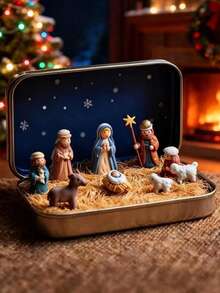 Set Adegan Kelahiran Yesus dari Kotak Kaleng Portabel, Adegan Palungan Keluarga Kudus, Dekorasi Meja Keagamaan Natal, Hadiah Keimanan Natal - Berbagai gaya - View 6