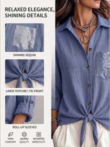 Women Casual Solid Blue V-Neck Sequin Pocket Tie Front Long Sleeve Button Up Shirt, Daily Fall Halloween - Blue - View 5