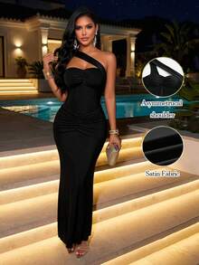AIJ Elegant Women's Sleeveless Asymmetrical Neckline Ruched Fitted Maxi Dress, Backless & Slit Design, Black, Suitable For Party Or Daily Wear, Halloween Occasions - Black - View 6