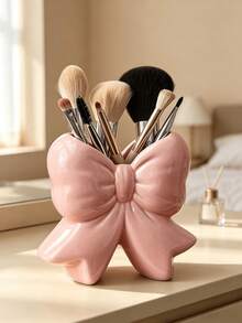 1pc Cute Bow Makeup Brush Holder, Elegant Ribbon Bow Cosmetic Storage Box, Vanity Desktop Decor Storage Bucket, Skincare Lipstick Pencil Holder, Cute Bedroom Vanity Decor Accessory, Home Decor Gift - A - View 3