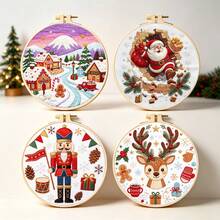 4pcs Nordic Style Christmas Theme DIY Embroidery Kit, Santa Claus, Nutcracker, Reindeer, Christmas Village With Embroidery Hoop, Handmade Kit For Beginners, Holiday Home Decor Embroidery - Multicolor - View 9