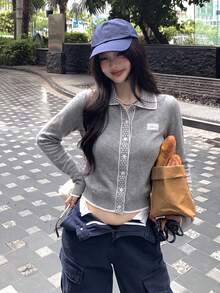 Korean Style Sweet Cute Polka Dot Jacquard Patchwork V-Neck Lapel Grey Knit Cardigan Women Autumn/Winter New Design Stylish Knitwear - Grey - View 4