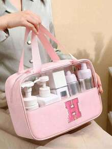 1pc Pink PU Leather Transparent Toiletry Bag, Portable Chenille Letter Storage Bag With Embroidered Letters, Makeup Bag, Wash Bag, Travel Bag, Bathroom Accessory, Suitable For Home, Outdoor, Daily Use. - Multicolor - View 34