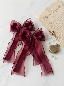 2/1pc Large Elegant Satin Chiffon Ribbon Bow Hair Clip With Long Tail, French Vintage Hair Accessory, Summer Hairband For Women - Burgundy - View 4
