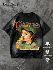 Lonblece 美式復古水洗做舊短袖T恤，辮子小孩飲飲料肖像印花與California字體，街頭風中性圓領 - 黑色 - 查看 1