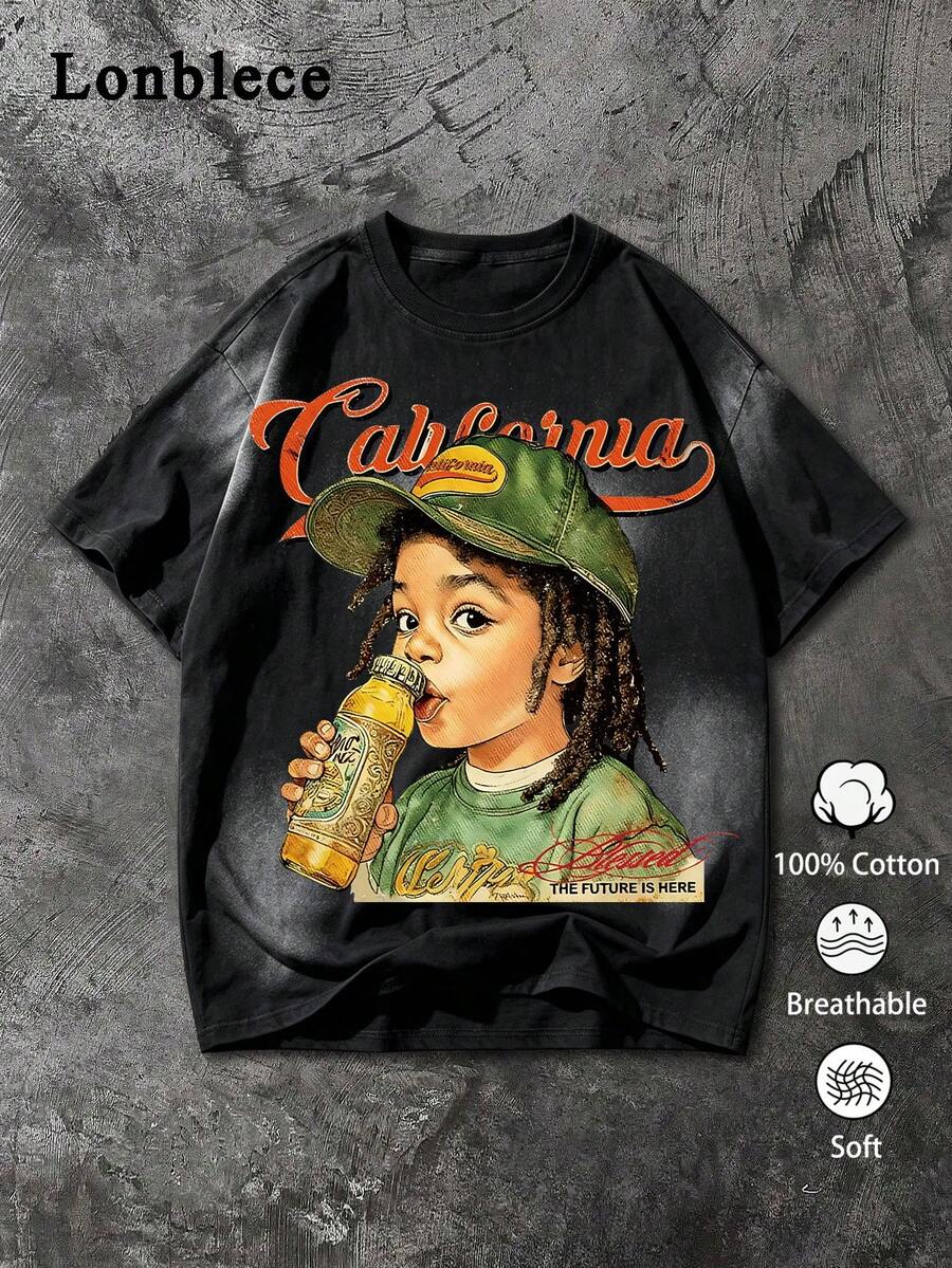 Lonblece 美式復古水洗做舊短袖T恤,辮子小孩飲飲料肖像印花與California字體,街頭風中性圓領 - 黑色 - 查看 1