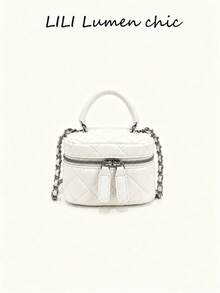 Handbag, Luxury Elegant Mini Box Bag With Diamond Quilted Design, Short Handle With Detachable Leather Chain Strap, Sweet Lady Style For Dating And Party, Small Square Tote Bag For Women - White - View 7