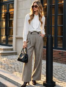Fall Vintage Plaid High Waist Wide‑Leg Pants Decorative Buckle Waist Straight Suit Trousers - Multicolor - View 1