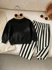 2pcs Baby Girl Set, Daisy Print Sweatshirt + Vertical Stripe Bow Long Pants, Spring/Autumn - Black - View 2