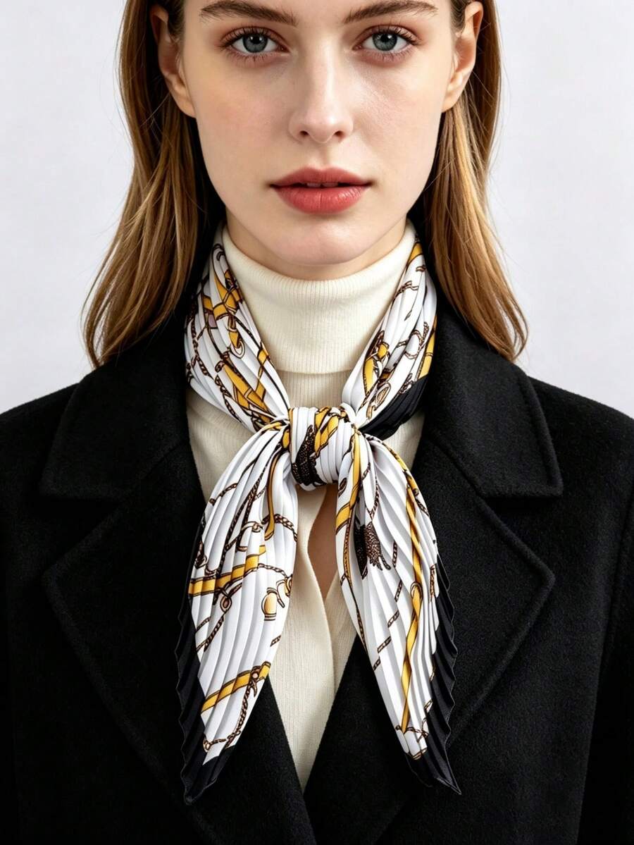 1pc New Vintage Equestrian Style Black With Gold Chain Rein Pleated Silk Scarf, Satin Pointed Triangle Bandana, Commuter Outfit Bag Accessory Small Scarf - Multicolor - View 1