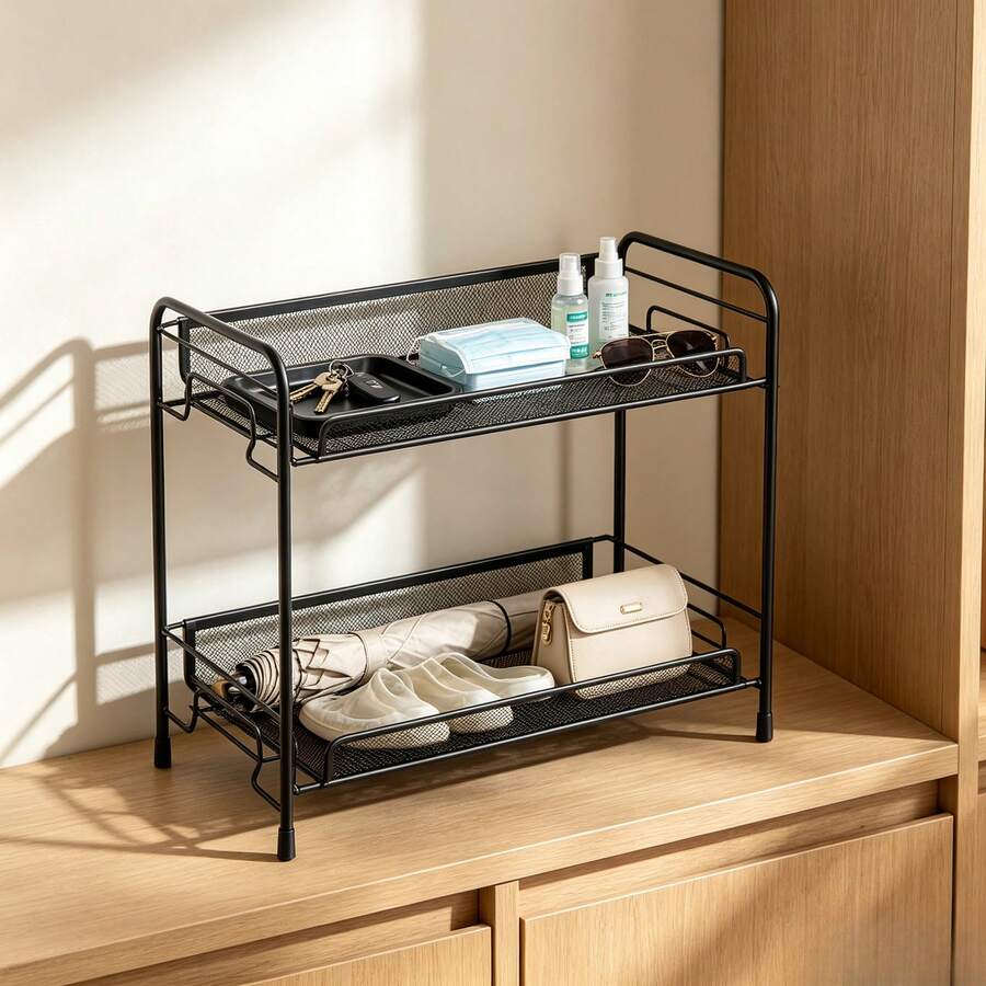 Two Styles 2-Tier Iron Mesh Storage Rack, 37*14*33cm/34*17*33cm Available In Black And White, Multi-Scene Layered Organizer For Bathroom, Kitchen And Desktop - View 1