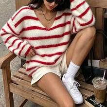 Autumn V-Neck Striped Fine Fluffy Knit Sweater - Red and White - View 1