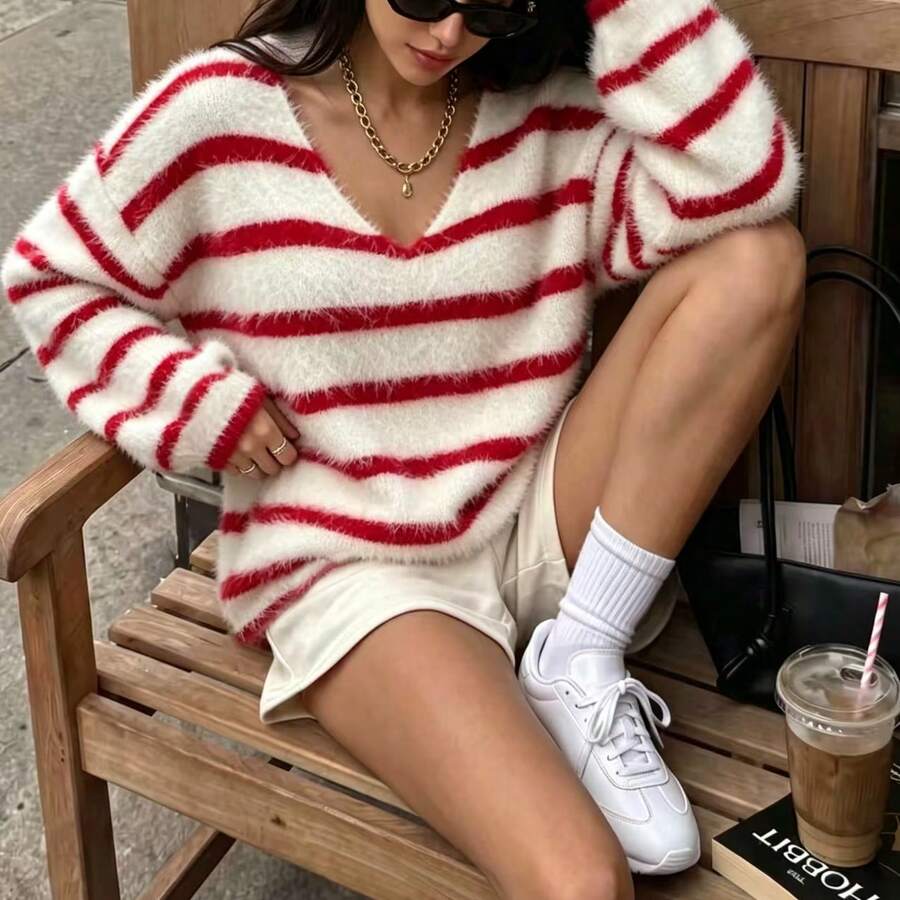 Autumn V-Neck Striped Fine Fluffy Knit Sweater - Red and White - View 1