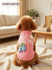 Personalized Dog Sweater With Name, Custom Handmade Knitted Pet Turtleneck Sweater, Embroidered Puppy Clothes, Puppy Cable Knit Sweater, Dog Gift - Multicolor - View 2