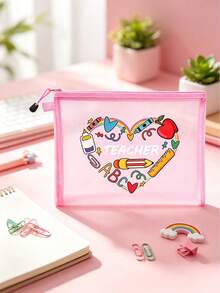 Cute Teacher Heart Pattern Mesh Zipper Storage Pouch, Portable Travel Makeup & Stationery Organizer Bag, Ideal Thank You Gift For Teachers - Multicolor - View 3