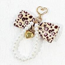 1PC Leopard Bow Pearl Keychain, Heart Charm Bag Pendant, Birthday, Christmas Gift For Women - Multicolor - View 2