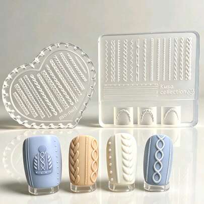 2PCS Heart & Square Shaped Transparent Silicone Nail Art Molds, Reusable Resin Nail Art Molds With Braided Rope Nail Art Embossing Template, Nail Art Sculpture Cable Texture Tool